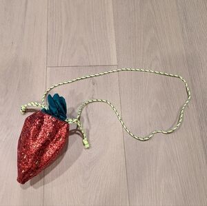 Red Glitter Strawberry Pouch with Green Leaf Accent